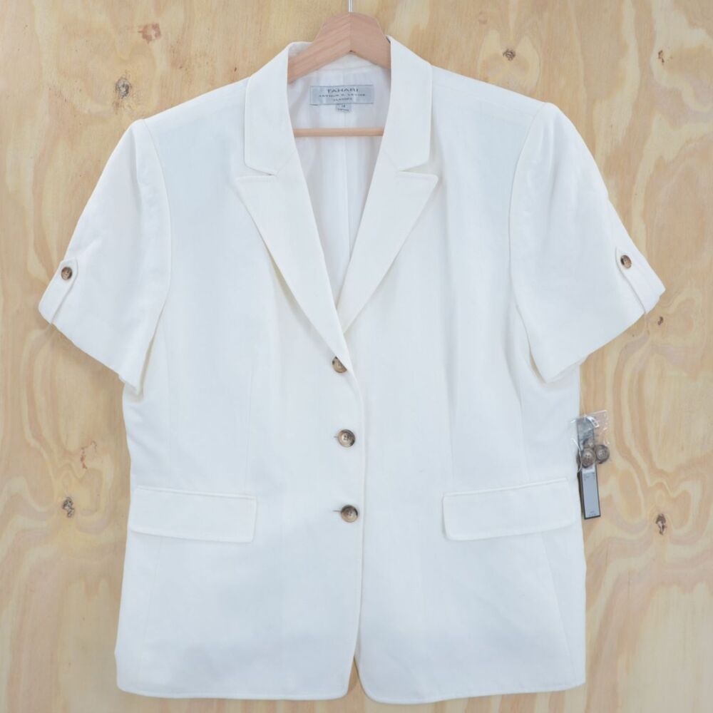 NWT Tahari Sz 18 Linen Blend Lined White Short Sleeve Structured Blazer Preppy
